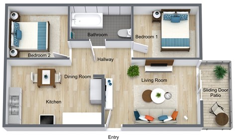 A floor plan of a house with a living room, dining room, kitchen, two bedrooms, a bathroom, and a sliding door patio.